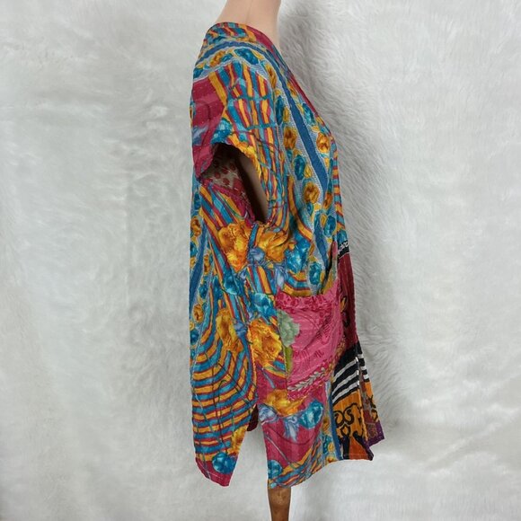 Kantha Bae Open Front Yellow, Red, Blue Green Floral Stitch Jacket Ruana OS - Picture 5 of 7